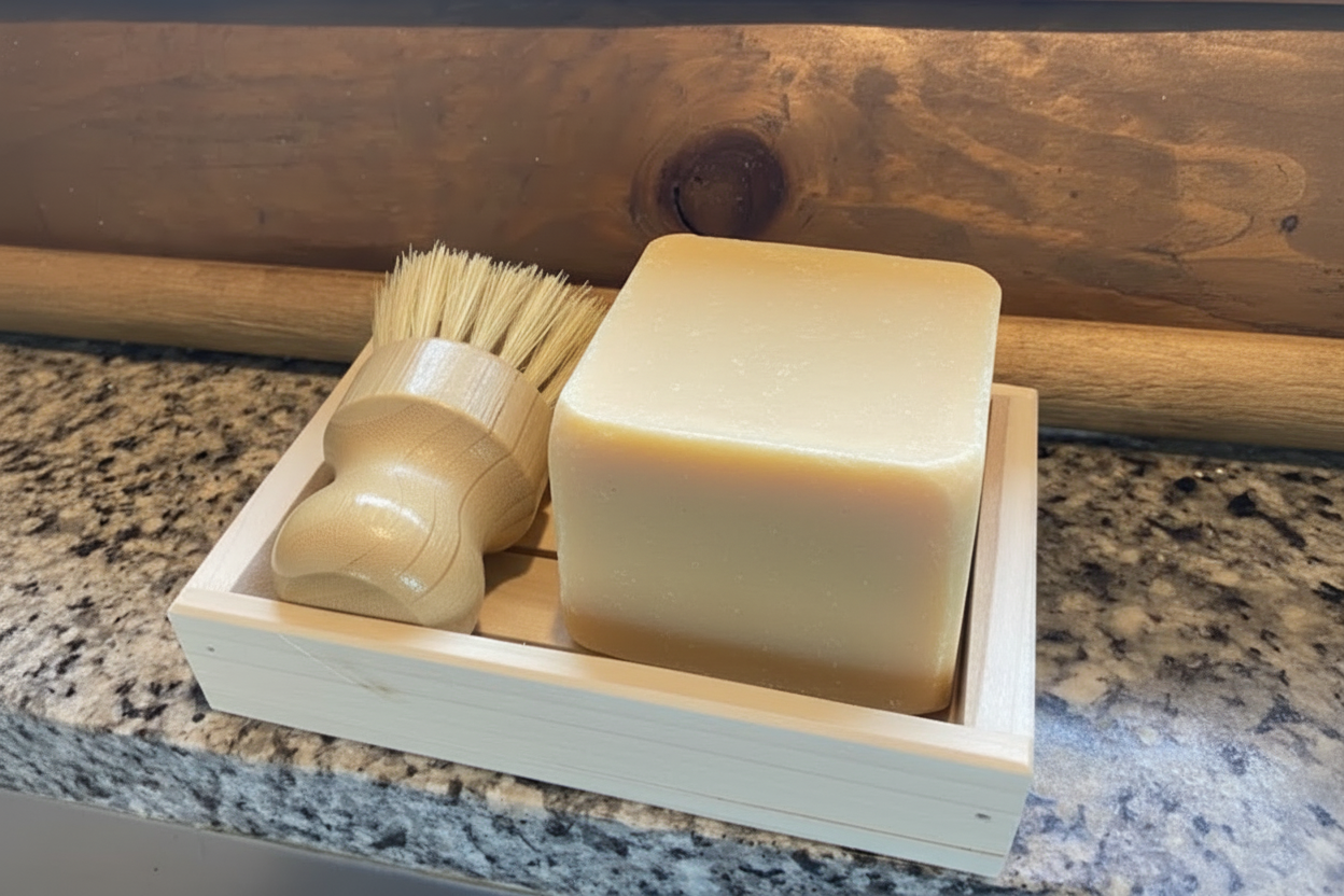 Solid Dish Soap Starter Kit with Poplar Tray and Bamboo Brush
