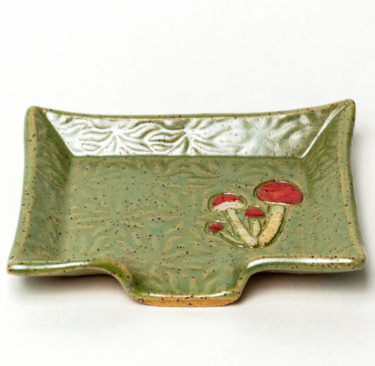 Woodland Mushroom Soap Dish - Handmade Stoneware Clay - Green